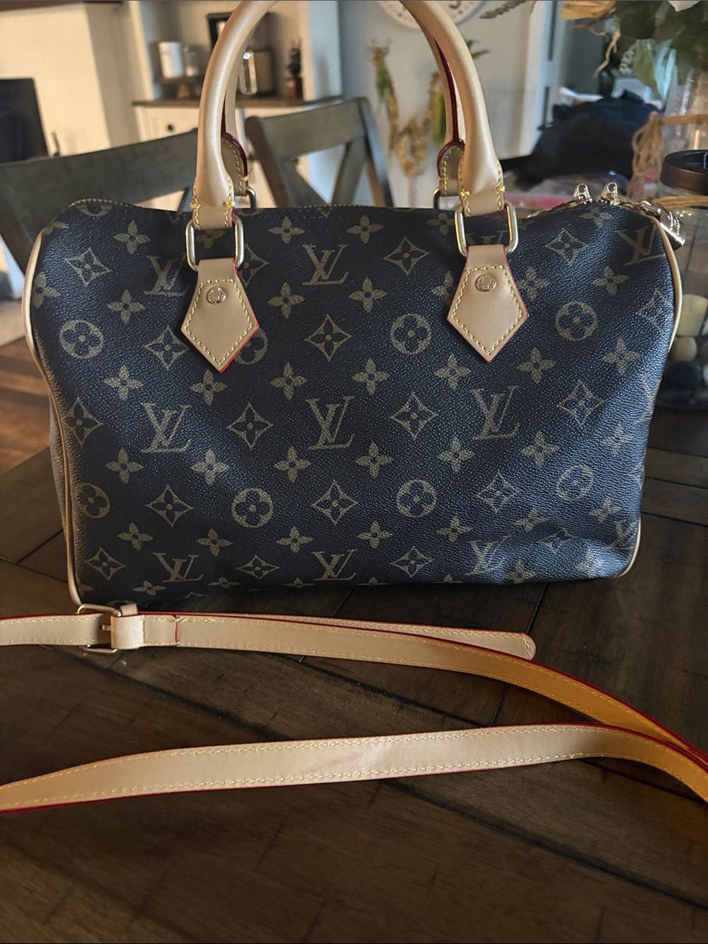 Brown Fashion Monogram Satchel with Cream Trim and Long Strap